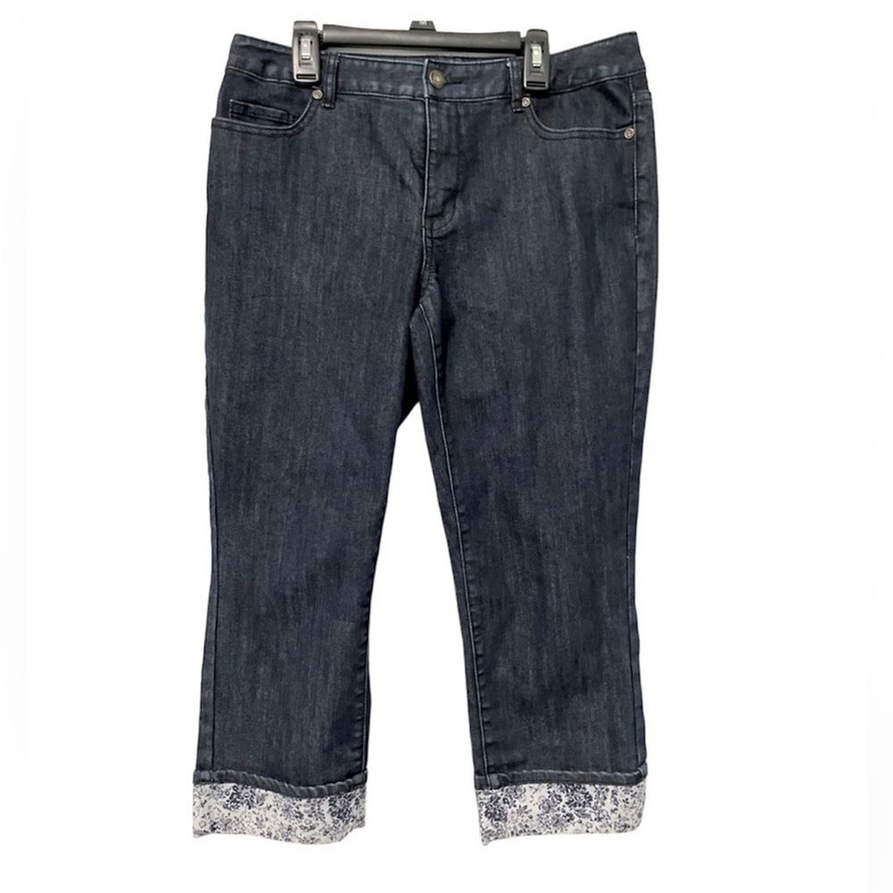 Coldwater Creek Natural Fit Dark Wash Floral‎ Cuff Capri Jeans Womens Size 8